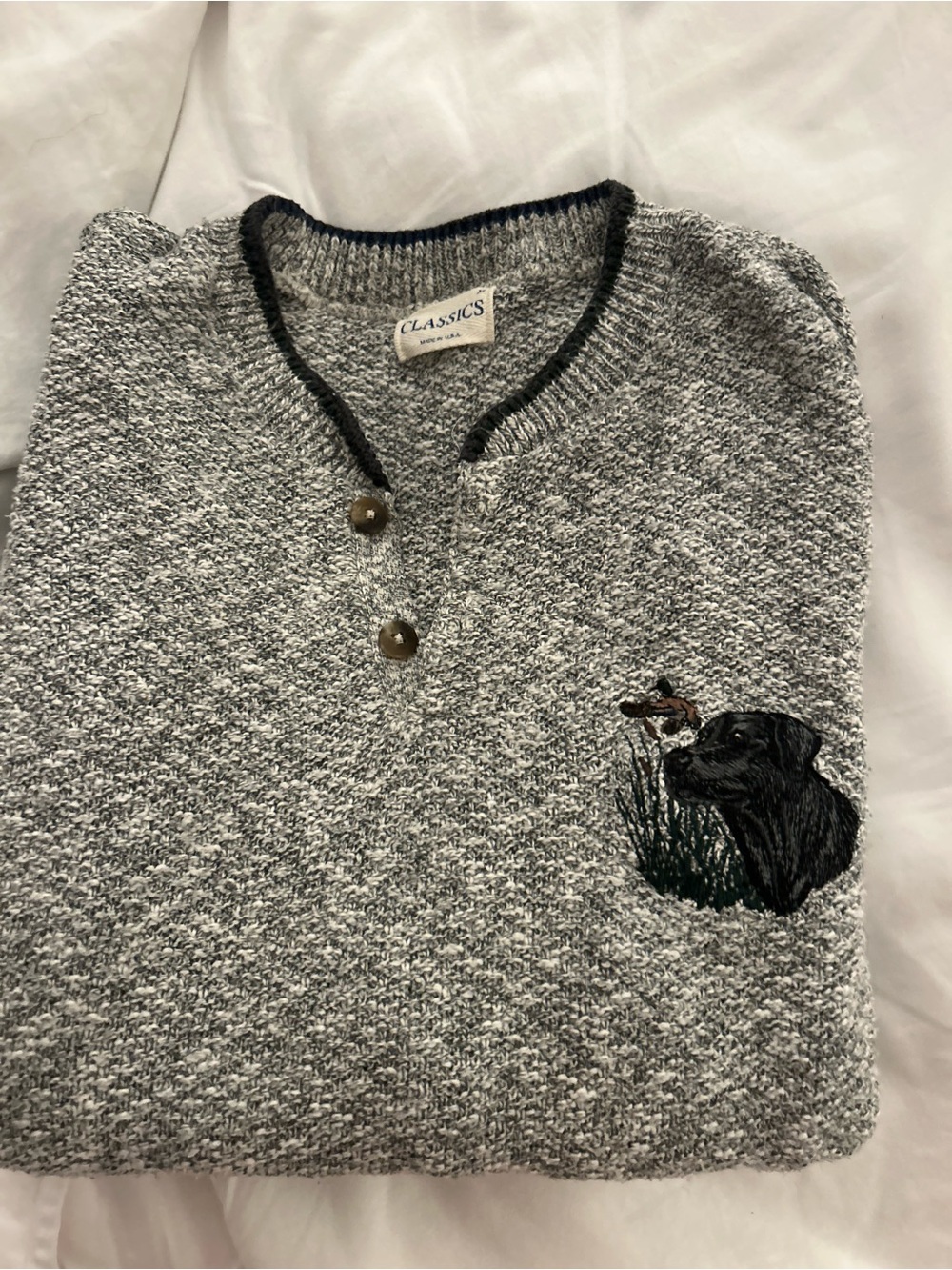 Classic Gray crew with two button Sweater with Embroidered black lab and duck